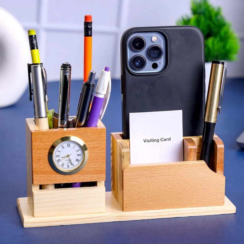 Satvat 3 Compartments Wooden Pen Holder with Clock, Bus... - Best Price ₹28 at Amazon