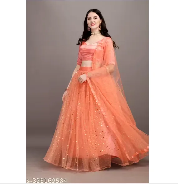 Net Semi-Stitched Lehenga with Unstitched Blouse and Dupatta