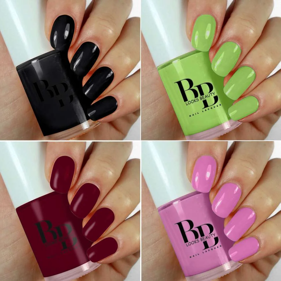 BB LOOKS BEAUTY High-Shine Long Lasting ,Non Toxic Professional Nail Polish Pack of 4 Linty, Lilac Lily, Cherry Bomb, Black Beauty