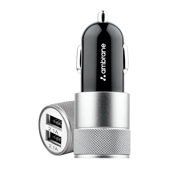 Ambrane 12W Fast Car Charger, Dual USB Output, Multi-Layer Protection, Fast Charging, Compatible with All Cars, Without Cable for All Mobiles & Other USB Enabled Devices (ACC74, Black & Silver) - Best Price ₹179 at Amazon