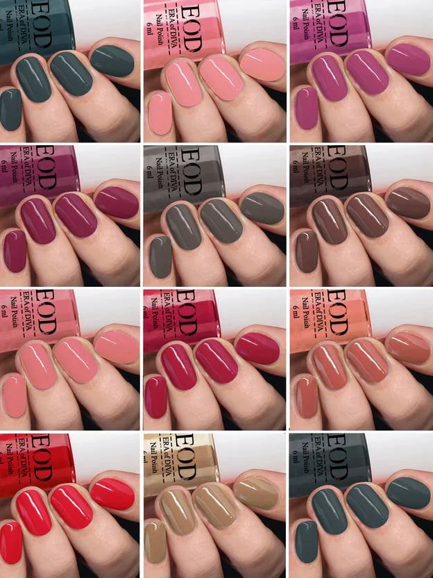 EOD Gloss Pop Shine Long Stay Nail Paint Polish Set Combo of 12 Pcs at Wholesale Rate 6ml each Red,Pink, Grey, Green,Nude, Light Pink, Brown, Mauave etc  (Pack of 12)