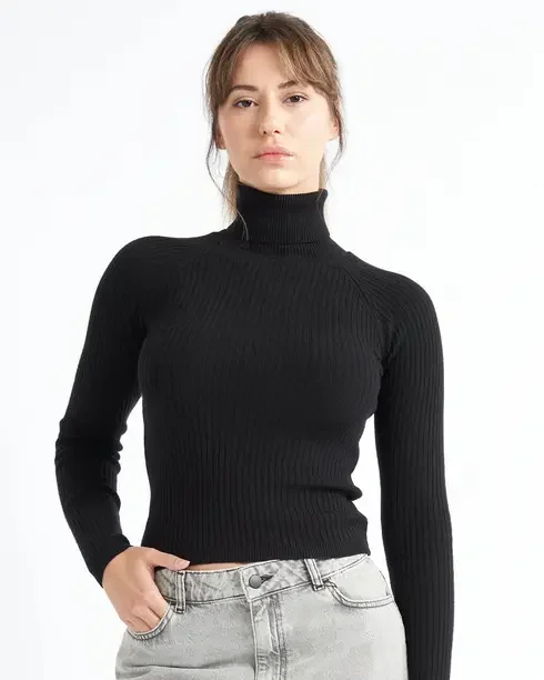RESILIENCE Women Solid High Neck Black Sweater