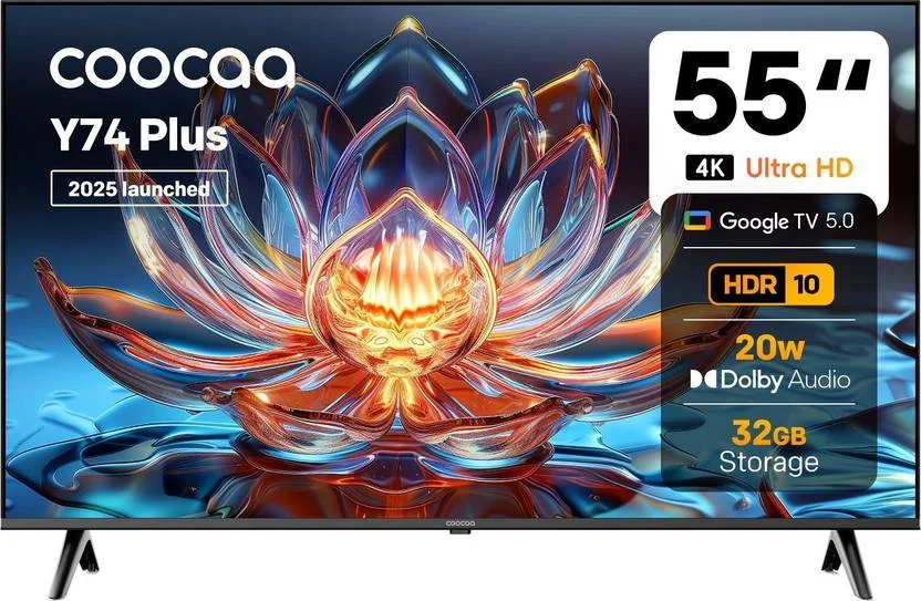 Coocaa Y74 Plus 138 cm (55 inch) Ultra HD (4K) LED Smart Google TV 2025 Edition with Dolby Audio |Free Hotstar Subscription | 32 GB Storage| 20W Sound Output | HDR10 & HLG | Eye Care Technology  (55Y74 Plus)