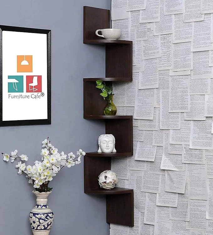Furniture Cafe Wooden Wall Shelves | Corner Hanging Shelf for Living Room Stylish | Zig Zag Home Decor Floating Display Rack Storage Organizer Unique Design with Finish 5 Tiers (Brown Finish) - Best Price ₹3000 at Amazon
