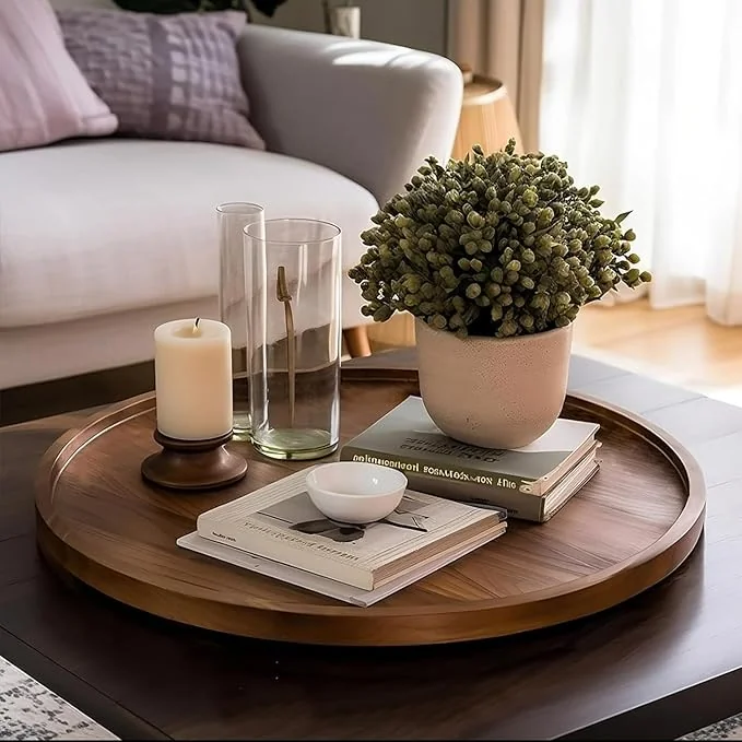 FLIPSSHOPPEE Round Decorative Tray Rustic Wooden Coffee Table Trays Home Decor Farmhouse Centerpiece Serving Trays for Food Drinks Ottoman Kitchen Countertop Set of 1 - Best Price ₹349 at Amazon