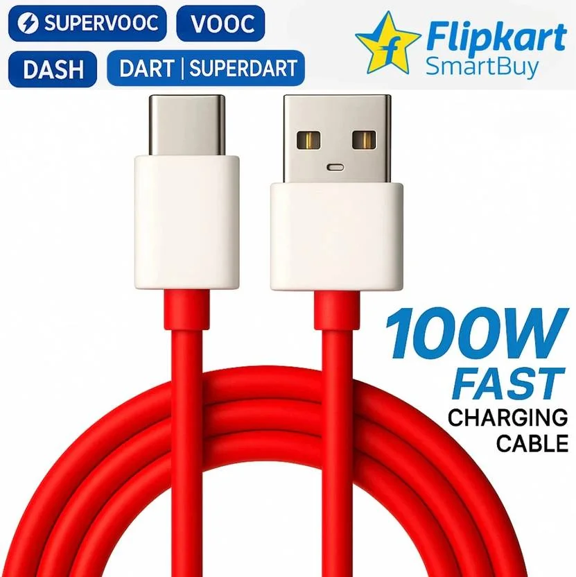 Flipkart SmartBuy USB Type C Cable 10 A 1 m 100W supervooc cable 80W supervooc cable 65W supervooc cable 33w supervooc cable 30W SUPERVOOC Dash Data Cable Wire For 80W Cahrger Cable / 100w data cable Compatible with oneplus OnePlus 12/OnePlus 12r /OnePlus 11/OnePlus 11R/OnePlus 10 Pro/OnePlus 10R/OnePlus 9R/ OnePlus 8 / OnePlus 8T / Oneplus 7 / OnePlus 7T / Oneplus 6  (Compatible with oppo,realme,narzo,oneplus,vivo,iqoo,samsung,motorola,mi,redmi,poco, Red, White, One Cable)