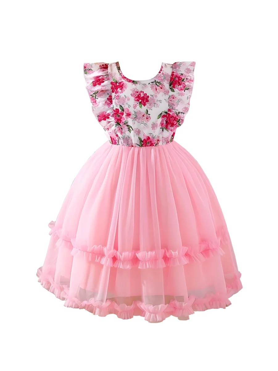 Buggu Net Flared Ruffle Sleeveless Baby Girl Frock with Floral Pattern and Round Neck A-Line Style Dress for Baby Girl