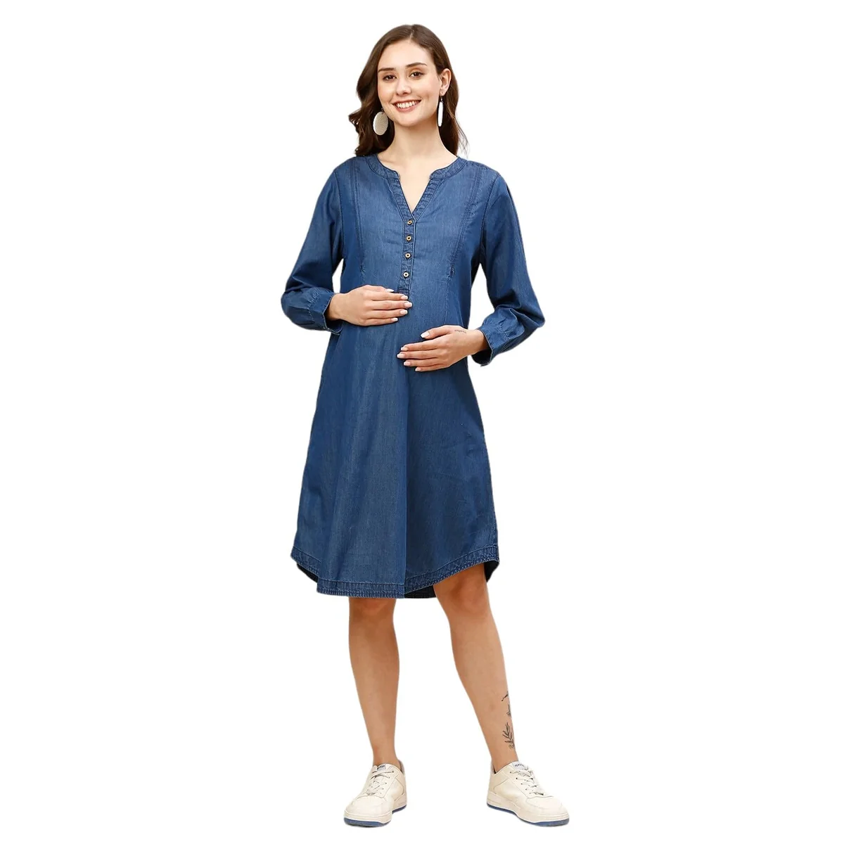 Women's Denim Maternity Dress with Zippers for Nursing Pre and Post Pregnancy