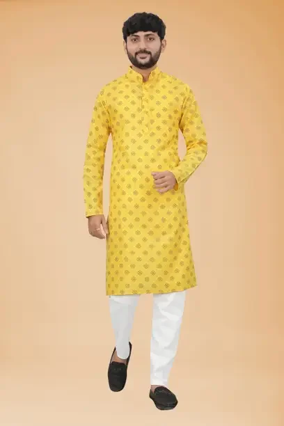 Colorbenz Men Printed Cotton Blend Straight Kurta  (Yellow) - Best Price ₹309 at Flipkart