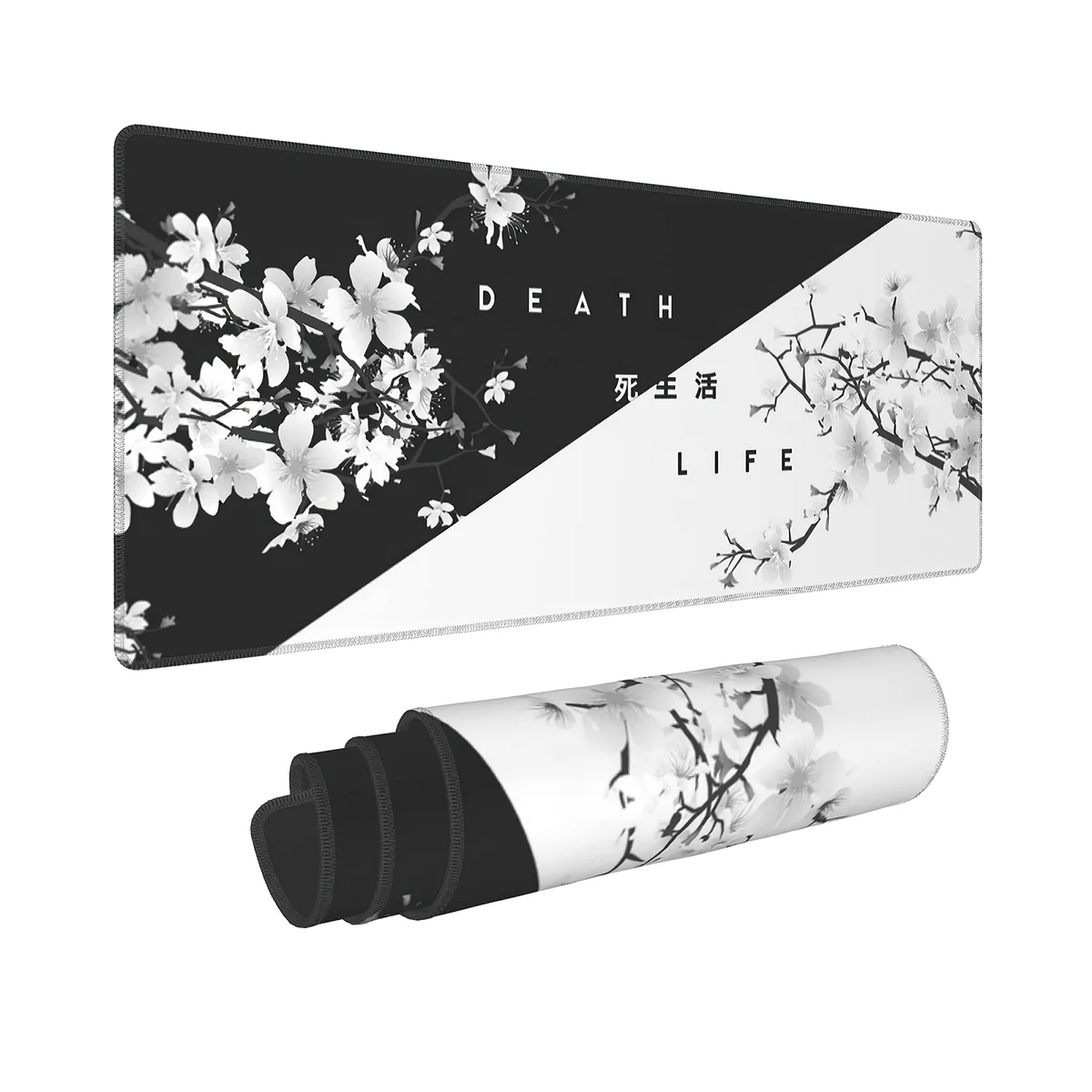 Black White Cherry Blossom Mouse Pad Japanese Sakura Death Life Extended Desk Mat 80X30 cm Non-Slip Rubber Base Stitched Edge Large XL Playmat for Gaming Laptop Computer PC Desktop,31.5�11.8 Inch