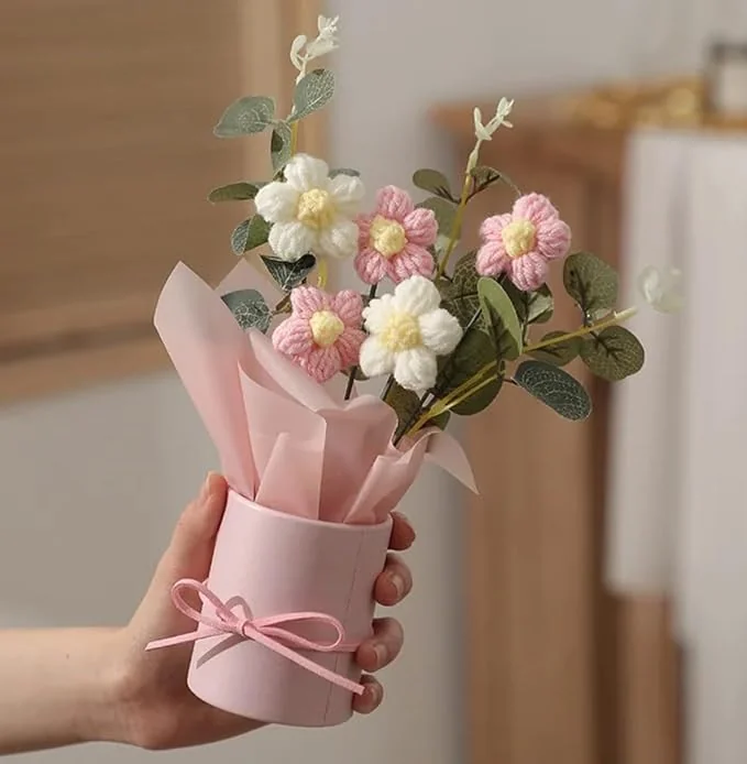 VRB Dec Artificial Crochet Flower Bouquet, Artificial Flowers Bunch, Gift for Girls, Home Decor, Gifting, etc, Pink Daisy Bouquet, 1 pcs - Best Price ₹263 at Amazon