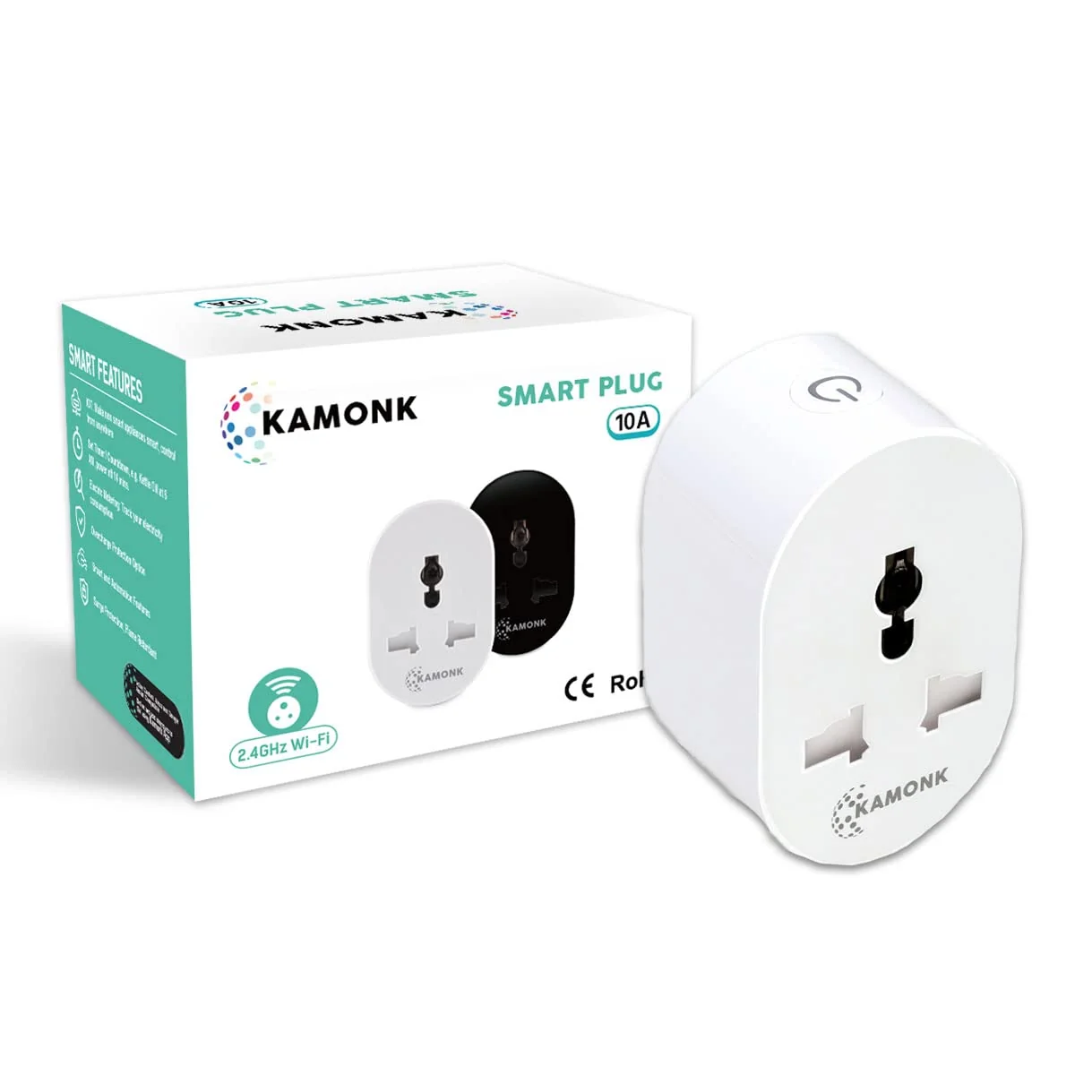Smart Plug 10A, Wi-Fi Enabled, Energy Monitoring, for Low Power Appliances (Mobile & Laptop Chargers, Kettle, TV, etc.), Compatible with Alexa & Google Assistant, Add Shortcuts to Siri & Kamonk App (White)