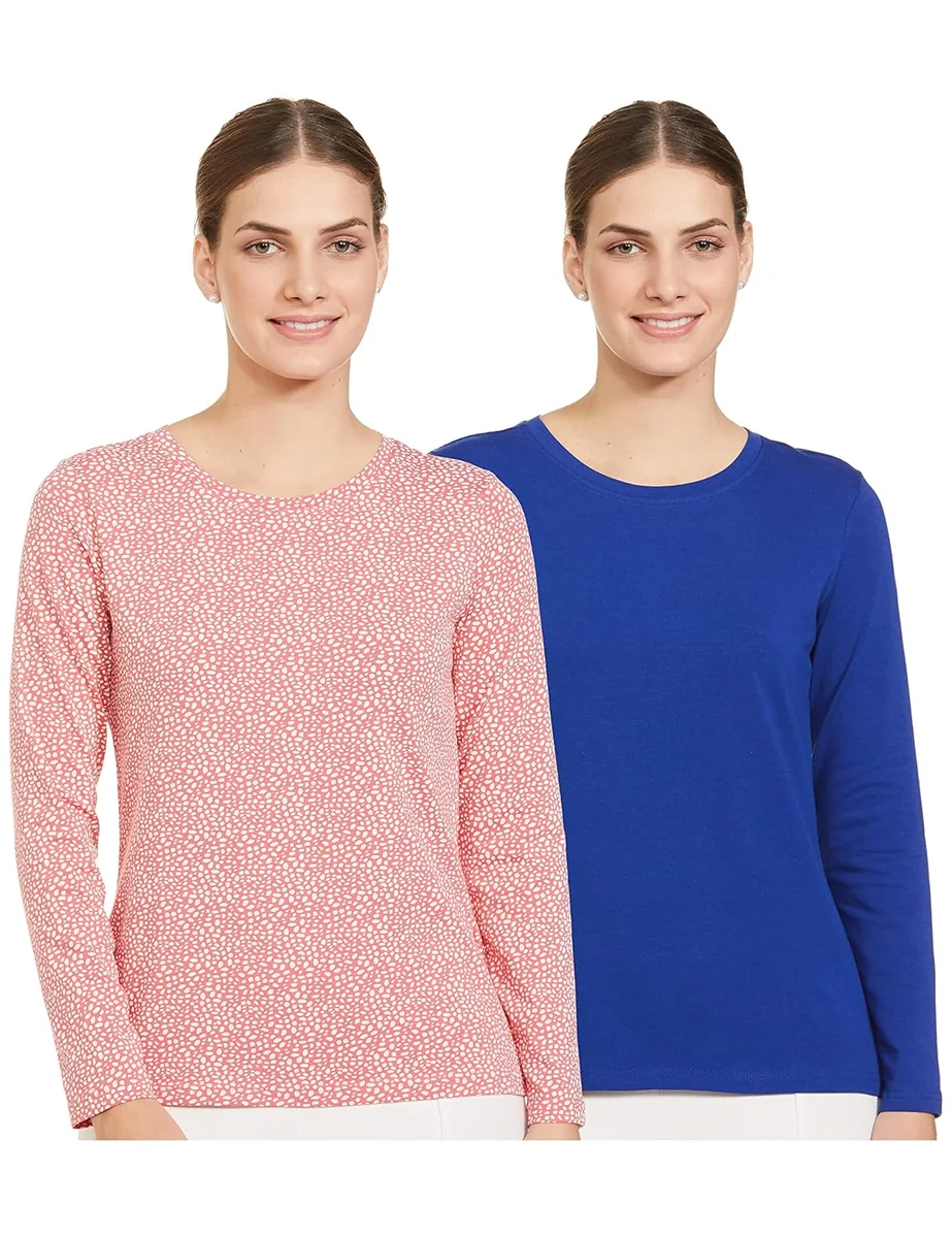 Amazon Brand - Symbol Women's Solid Cotton Stretch Full Sleeve Round Neck Regular Fit T-Shirt (Pack of 2)