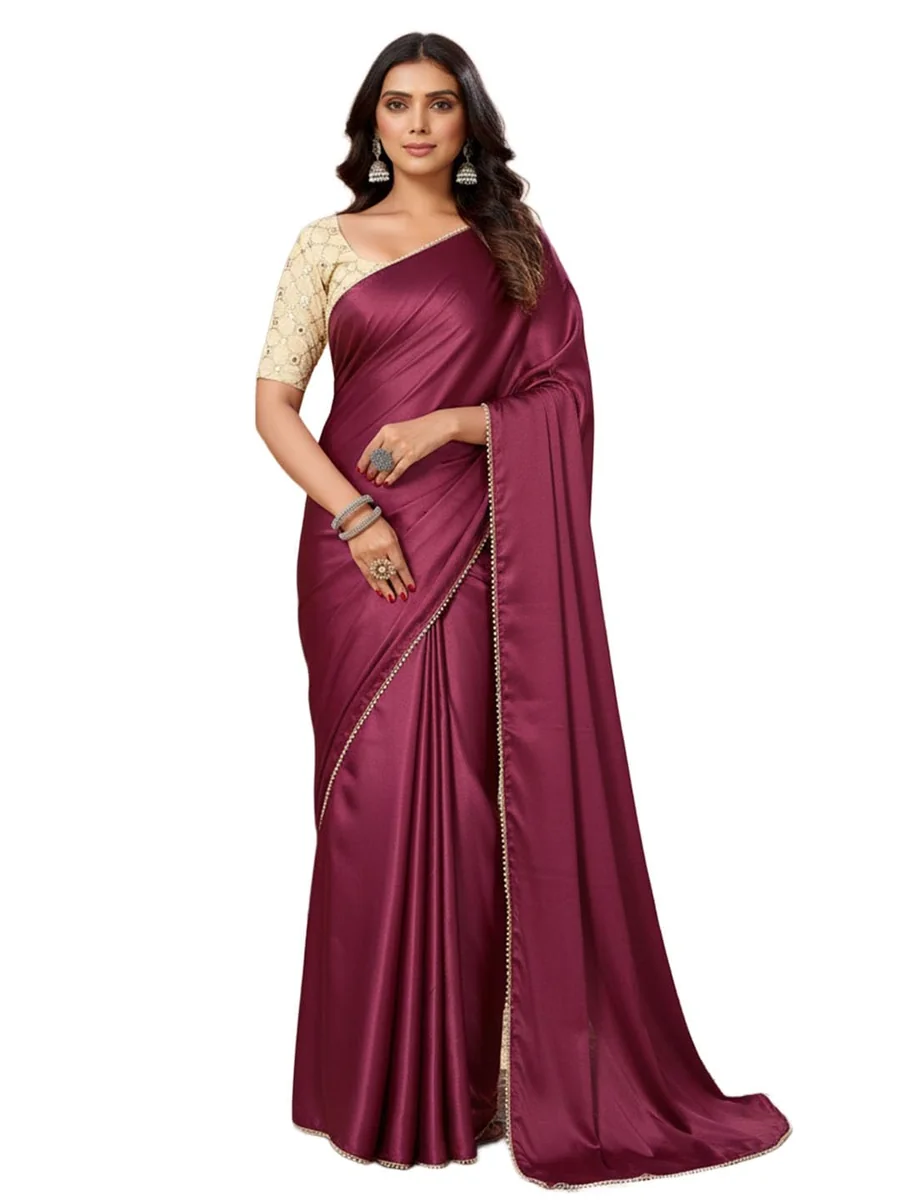 Women's Plain Japan Satin Silk Saree with Pearl Lace Border, Includes Unstitched Matching Blouse Piece – Elegant Saree(AVN_1694)