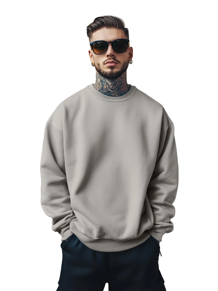 Cotton Poly Fleece Oversized Fit Full Sleeves Ribbed Solid Crew Neck Sweatshirt for Men