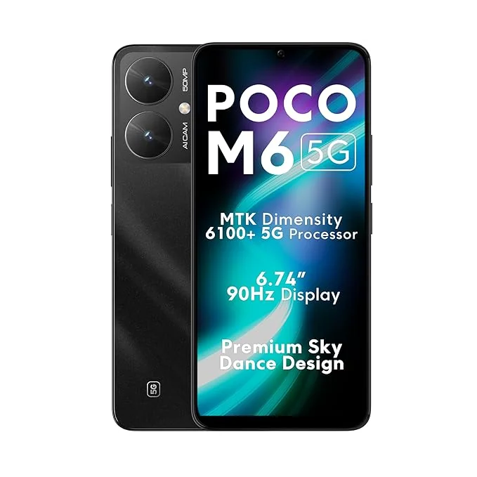 POCO M6 5G (Galactic Black, 4GB RAM, 64GB Storage) | MediaTek Dimensity 6100+ 5G Processor | 5000 mAh Battery + 18W Fast Charging | 50 MP AI Dual-Camera System & Side Fingerprint Sensor - Best Price ₹9490 at Amazon