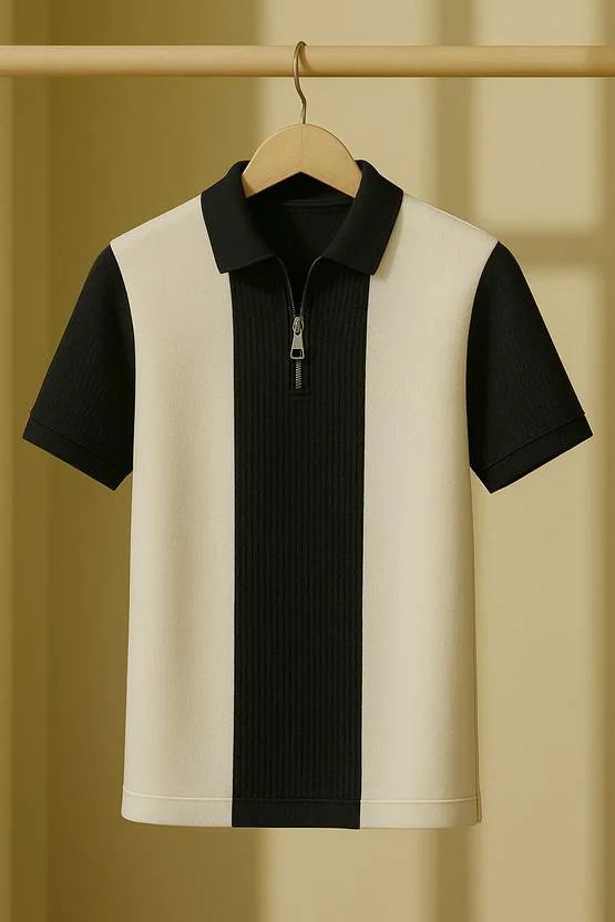 Try This Men Checkered Zip Neck Cotton Blend White, Dark Blue T-Shirt - Best Price ₹320 at Flipkart
