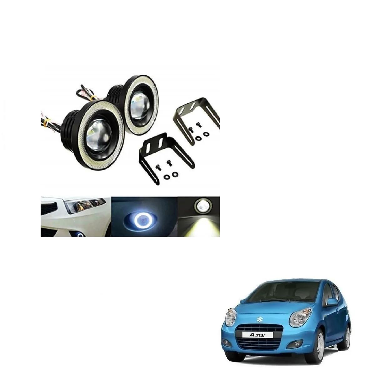 KOZDIKO Car LED Fog Lights 3.5" Led Cob with White Angel Light Eye Ring Set of 2 Pcs For Maruti Suzuki A-star