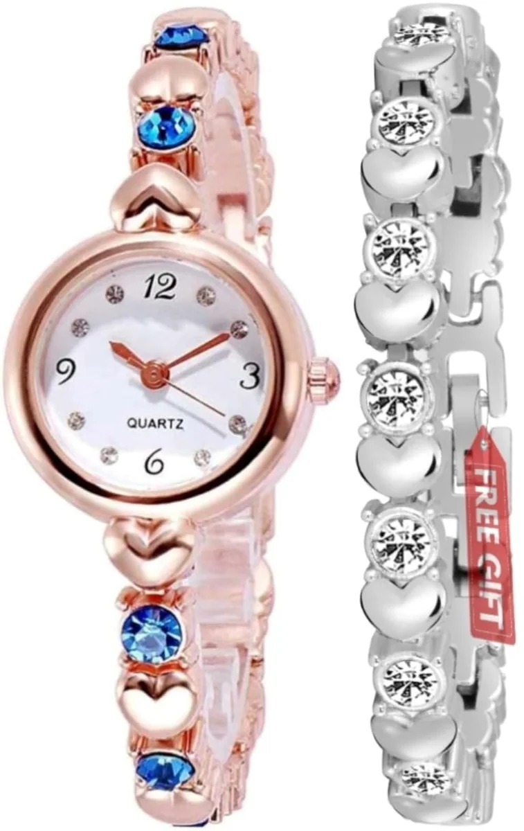 Premium Girl's Special Quality Different Heart Shape Bangle Analog Watch with Rose Gold Bracelet - Pack of 2