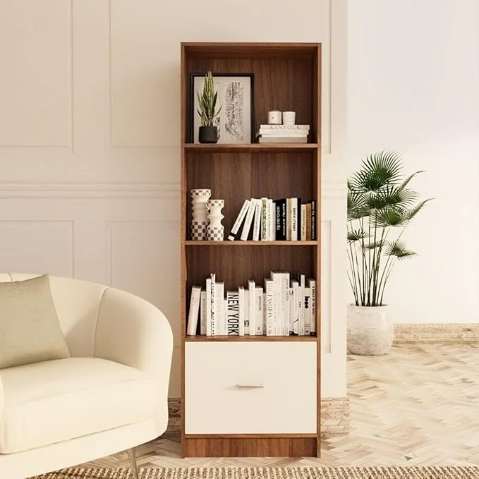neuspace Venus Engineered Wood Bookshelf with Drawer| Display Unit | Multi Purpose Storage Unit for Kitchen, Living Room, Bedroom | Open & Closed | Leon Teak & White Finish