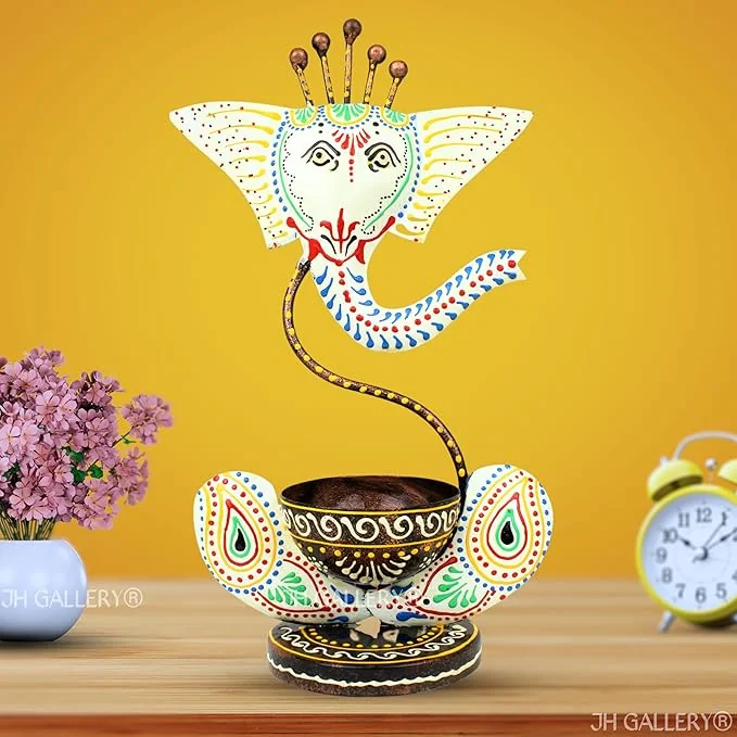 JH Gallery Handcrafted Metal Ganesha Tealight Candle Holder for Home Decor/Showpiece Decorations Items for Home, Living Room, Pooja Room - Corporate Gift Items (White)