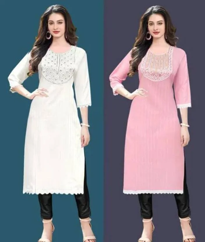 AlkalineRahu Women Solid Pure Cotton A-line Kurta  (Pink, White)
