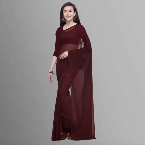 Anand Sarees Solid/Plain Daily Wear Georgette Saree  (Maroon) - Best Price ₹267 at Flipkart