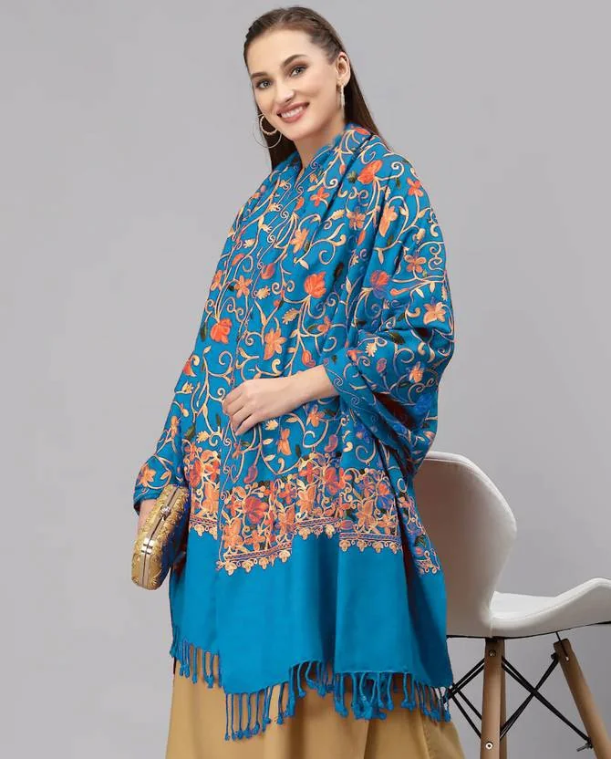 GK VILLA Wool Embroidered Women Shawl  (Blue)