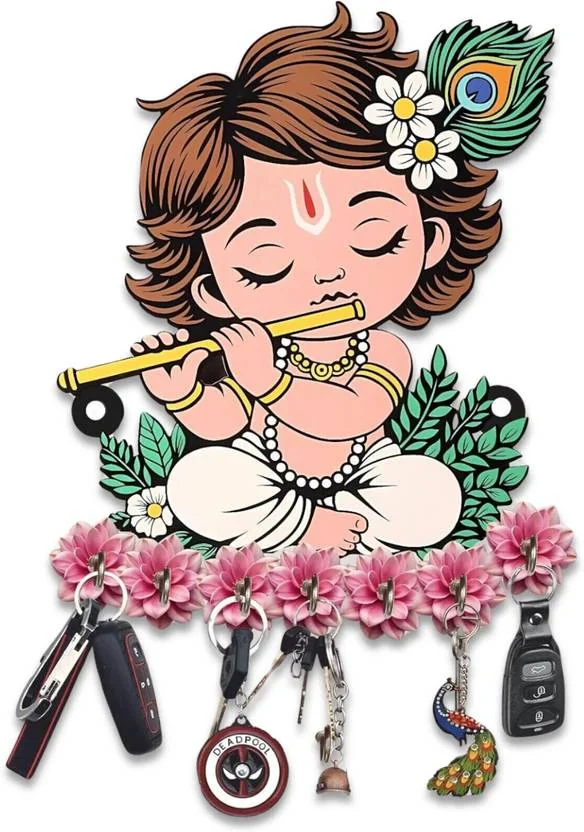 Crown Decoz Baby Krishna Wall Hanging Key Holder | Baby Krishna Flute Design Wood Key Holder  (7 Hooks, Multicolor)