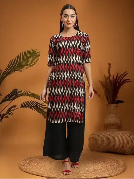 EthnicBasket Women Woven Design Crepe Straight Kurta  (Red, White, Black)