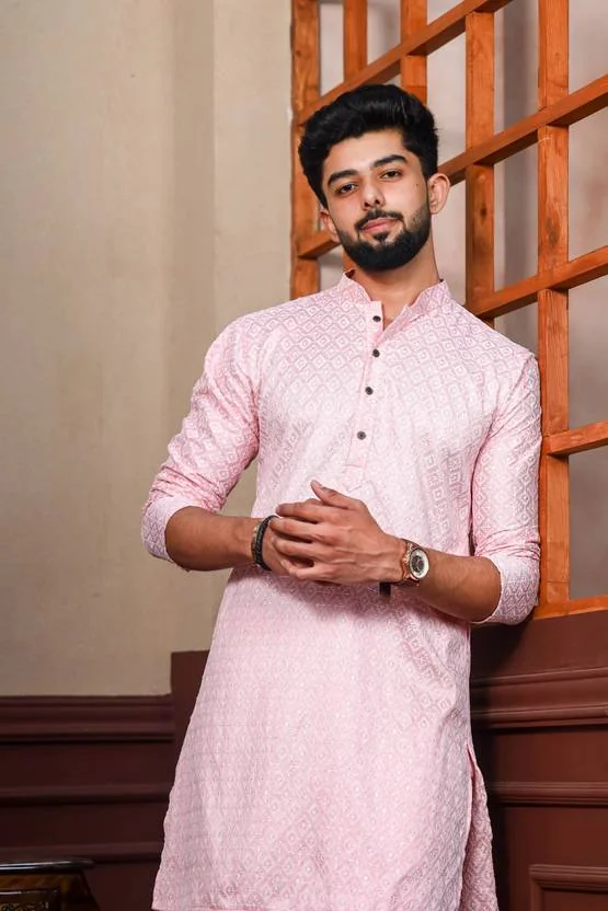 Koshin Men Printed Khadi Silk Straight Kurta  (Pink) - Best Price ₹485 at Flipkart