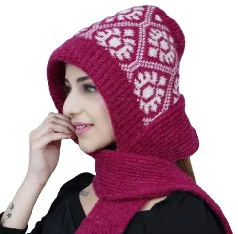 Women Winter Cap with Attached Muffler Knitted Woolen Cap with Lovely Scarf, Beautifully Designed Protect Ear & Neck from Cold Winds Stylish Girls Cap