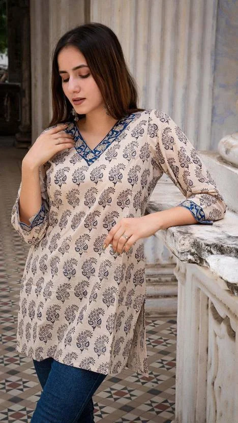 SANGOURI Women Printed Viscose Rayon Straight Kurta  (Beige, Dark Blue) - Best Price ₹258 at Flipkart
