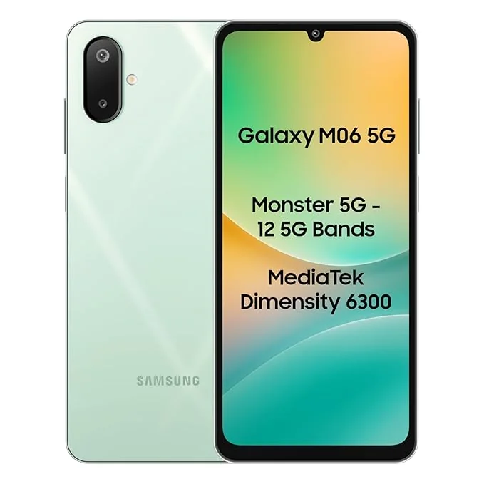 Samsung Galaxy M06 5G (Sage Green, 4GB RAM, 64GB Storage) | MediaTek Dimensity 6300 | AnTuTu Score 422K+ | 12 5G Bands| 25W Fast Charging | 4 Gen of OS Upgrades | Without Charger - Best Price ₹8999 at Amazon