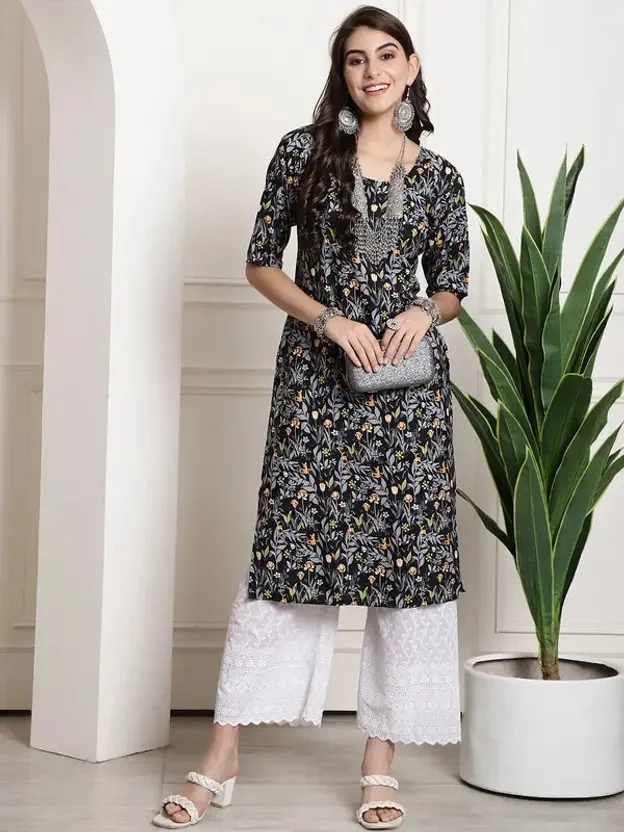 EthnicBasket Women Printed Crepe Straight Kurta  (Multicolor)