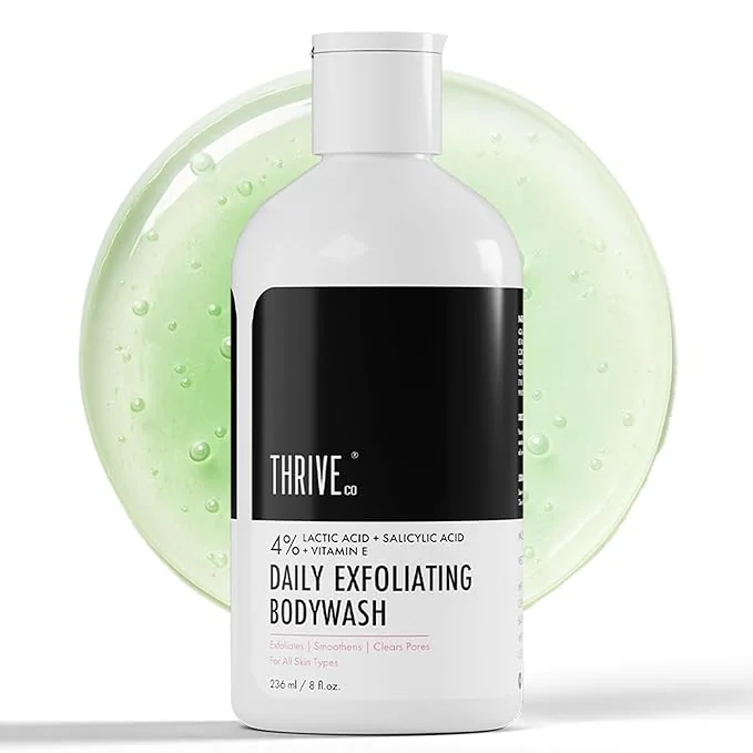 Thriveco Exfoliating Body Wash | Prevents Body Acne, Tan & Dead Skin Removal | With Lactic, Salicylic Acid, Vitamin E & Diacnemide® | Daily Use Shower Gel | For Men & Women | 236ml