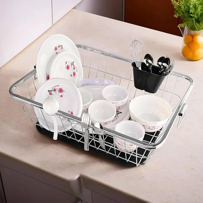 HomeWiz Stainless Steel Large Utensils Drying Rack | Steel Dish Rack for Kitchen | Bartan Steel Stand | Dish Drainer Basket with Spoon Holder and Draining Tray | Utensil Stand | Size 22 x 43 x 56 cm - Best Price ₹799 at Amazon