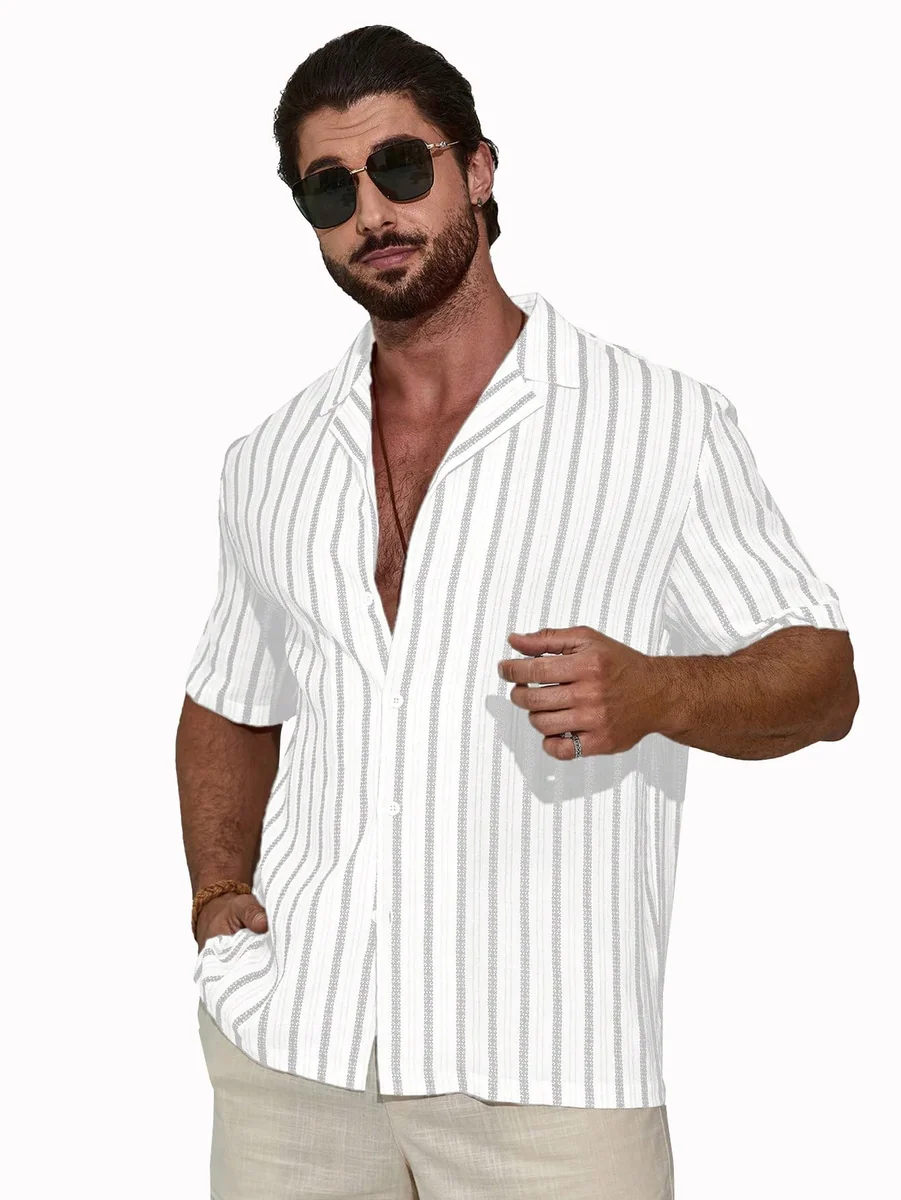 Men's Front Button Short Sleeve Striped Top, Casual (2026)