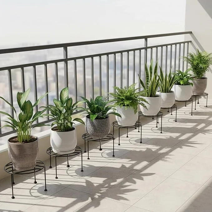 ORILEY Round Plant Stand Galvanised Metal Flower Pot Holder Gamla Support Corner Rack Outdoor Display Shelf for Home Garden Balcony Decoration - (Pack of 8, Black)