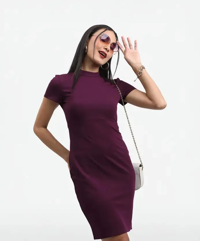 Tokyo Talkies Women Ribbed Purple Above Knee/Mid Thigh Length Dress