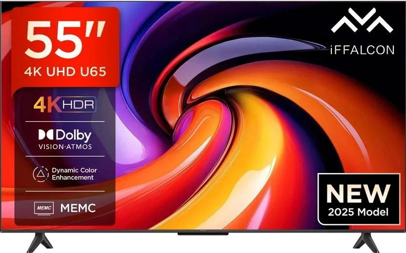 iFFALCON by TCL U65 138 cm (55 inch) Ultra HD (4K) LED Smart Google TV 2025 Edition with MEMC | Dolby Vision-Atmos | HVA Panel & Metallic Bezel-Less  (55U65) - Best Price ₹23999 at Flipkart