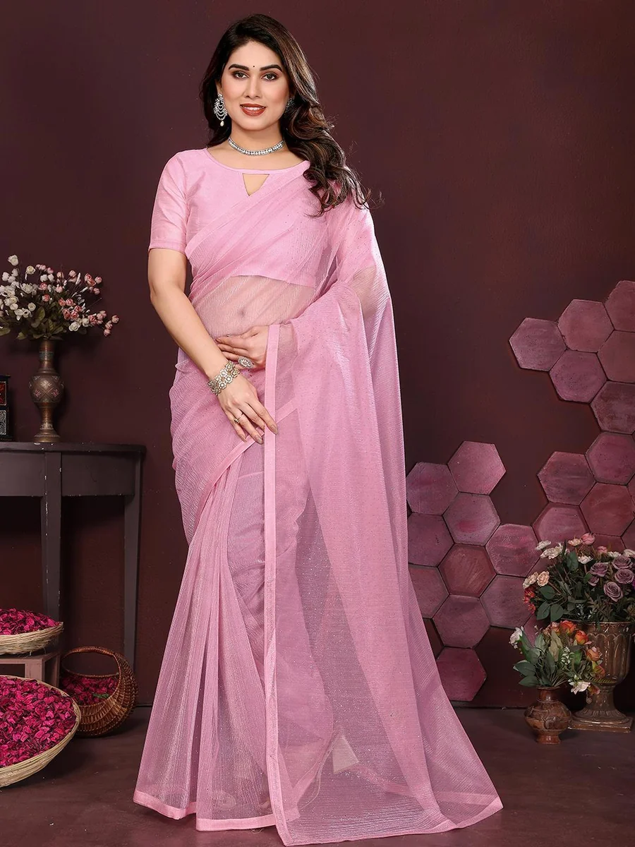 Pink Embellished Net Sarees