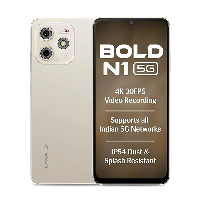 Lava Bold N1 5G (Champagne Gold, 4GB RAM, 64GB Storage) |Bigger 6.75" HD+ Notch Display | Octacore 5G Processor | 13 MP AI Camera |5000 mAh Battery| IP54 Rated Dust & Water Splash Proof