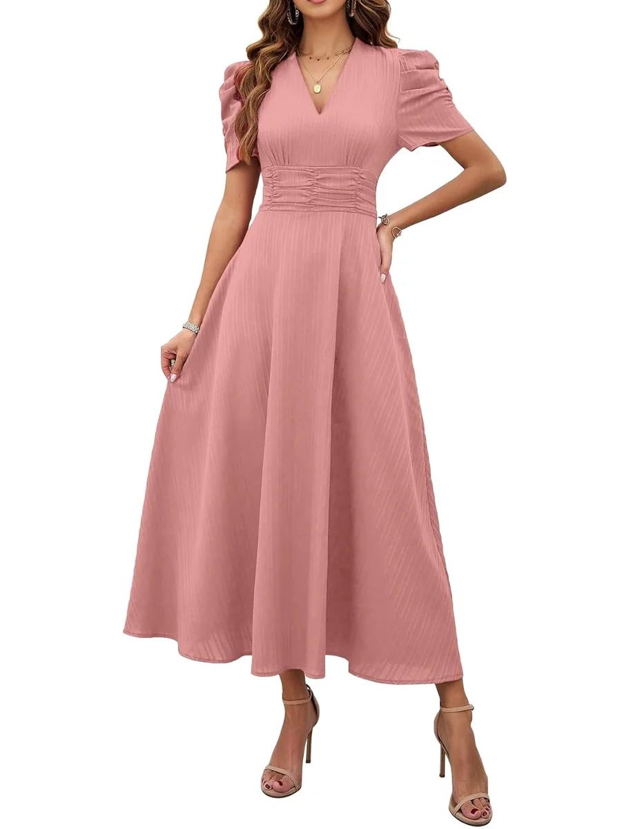 Shasmi Girl's & Women's Solid Color V-Neck A-Line Maxi Dress for Women | New Year Party Outfit | Waist Cinched Puff Sleeve Western Dress | Elegant Casual Wear (Dress 246) - Best Price ₹599 at Amazon