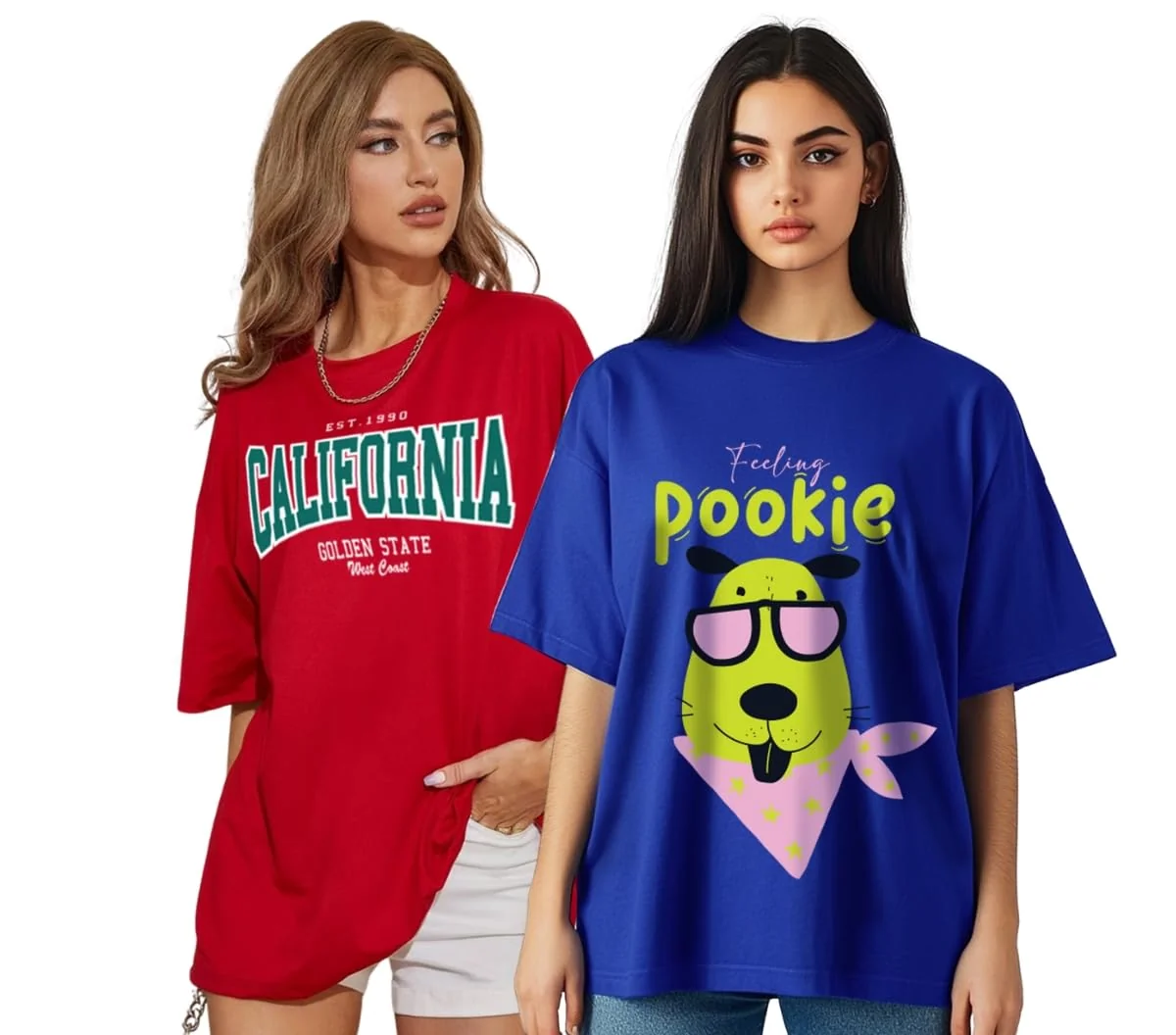 100% Pure Cotton, Pack of 2,Round Neck, Oversized Loose,Drop Shoulder,Graphic Printed, Half Sleeve T-Shirts for Women & Girls, in Different Colors, with Sizes Range from S to 2XL.