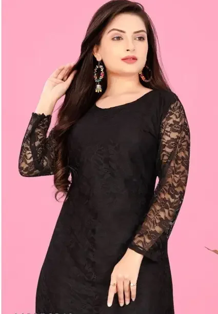PRAVISHRI TRENDS Women Solid Net A-line Kurta  (Black)