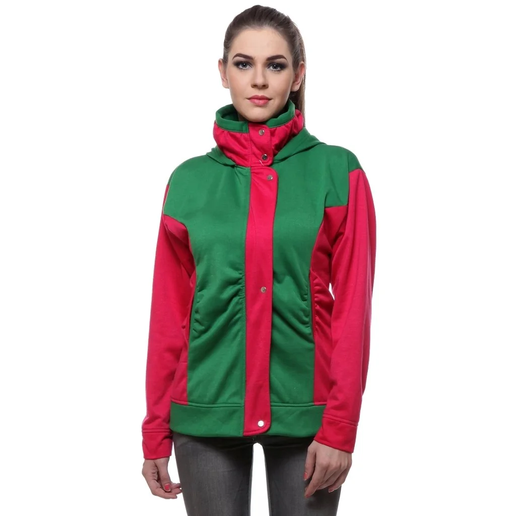 Women's Fleece Hoodie Jacket - Color Block Cotton Blend Sweatshirt with Zipper, Full Sleeves, Side Pockets, Trendy Winter Outerwear