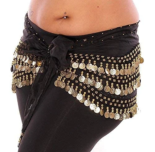 Belly Dance Chiffon Hip Scarf Wrap Belt Tribal Coin Sash Gold Coins (Black Belly dance)
