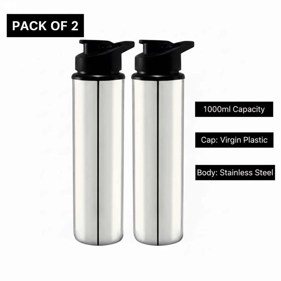 Pack of 2 STEEL WATER BOTTLE 1 LITRE (APPROX) FRIDGE BOTTLE SPORTS GYM OFFICE (SPORT.S) 1000 ml Bottle Steel