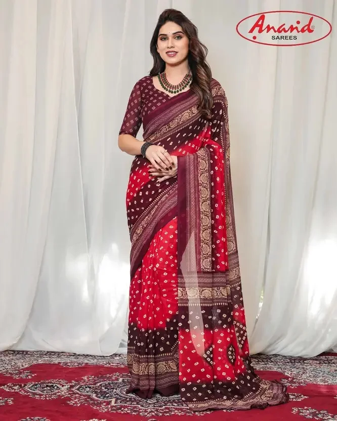 kashvi sarees Printed, Geometric Print Bandhani Georgette Saree  (Red, Brown)